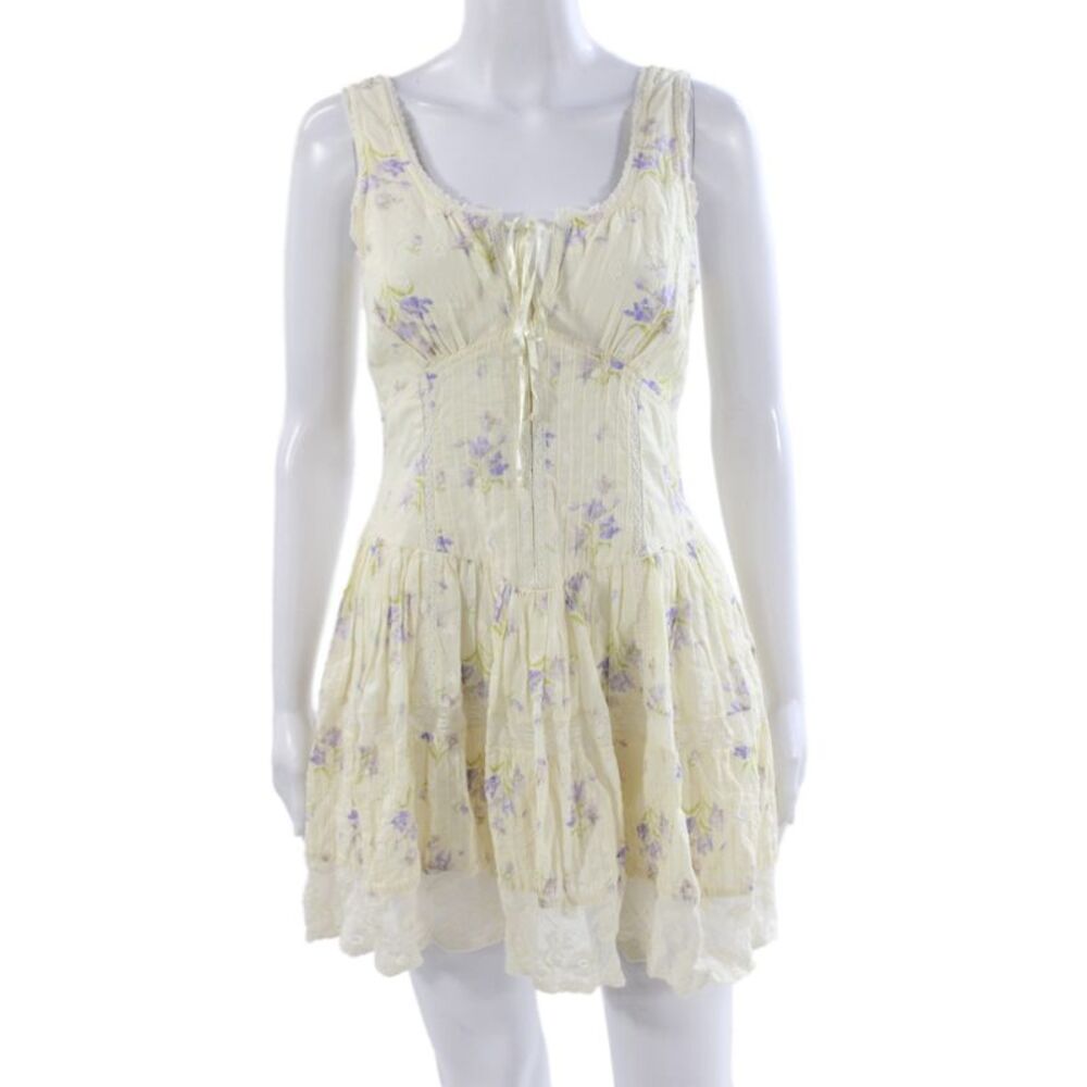 Love Shack Fancy Womens Mini Dress Yellow Floral Scoop Neck Cotton Size 00